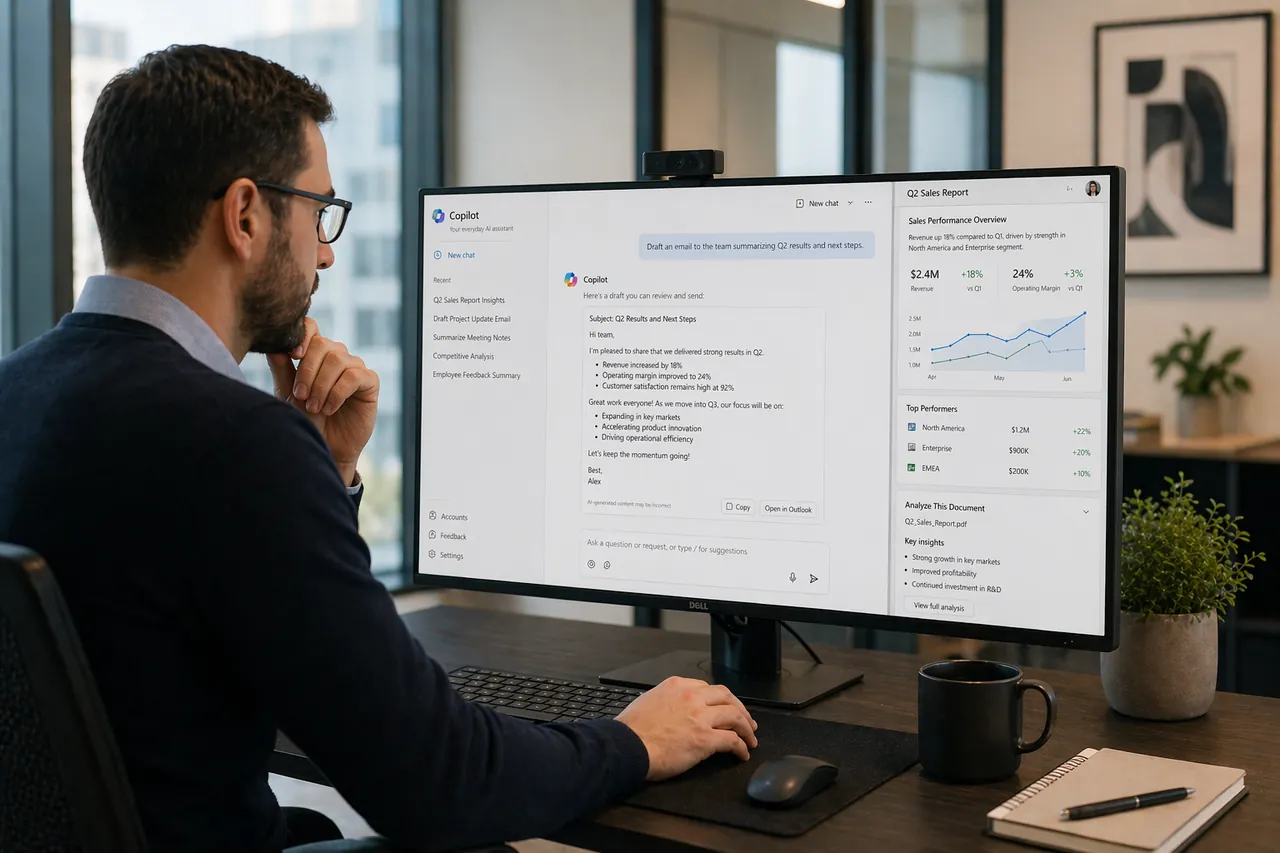 User reviewing Microsoft Copilot output alongside business dashboard data