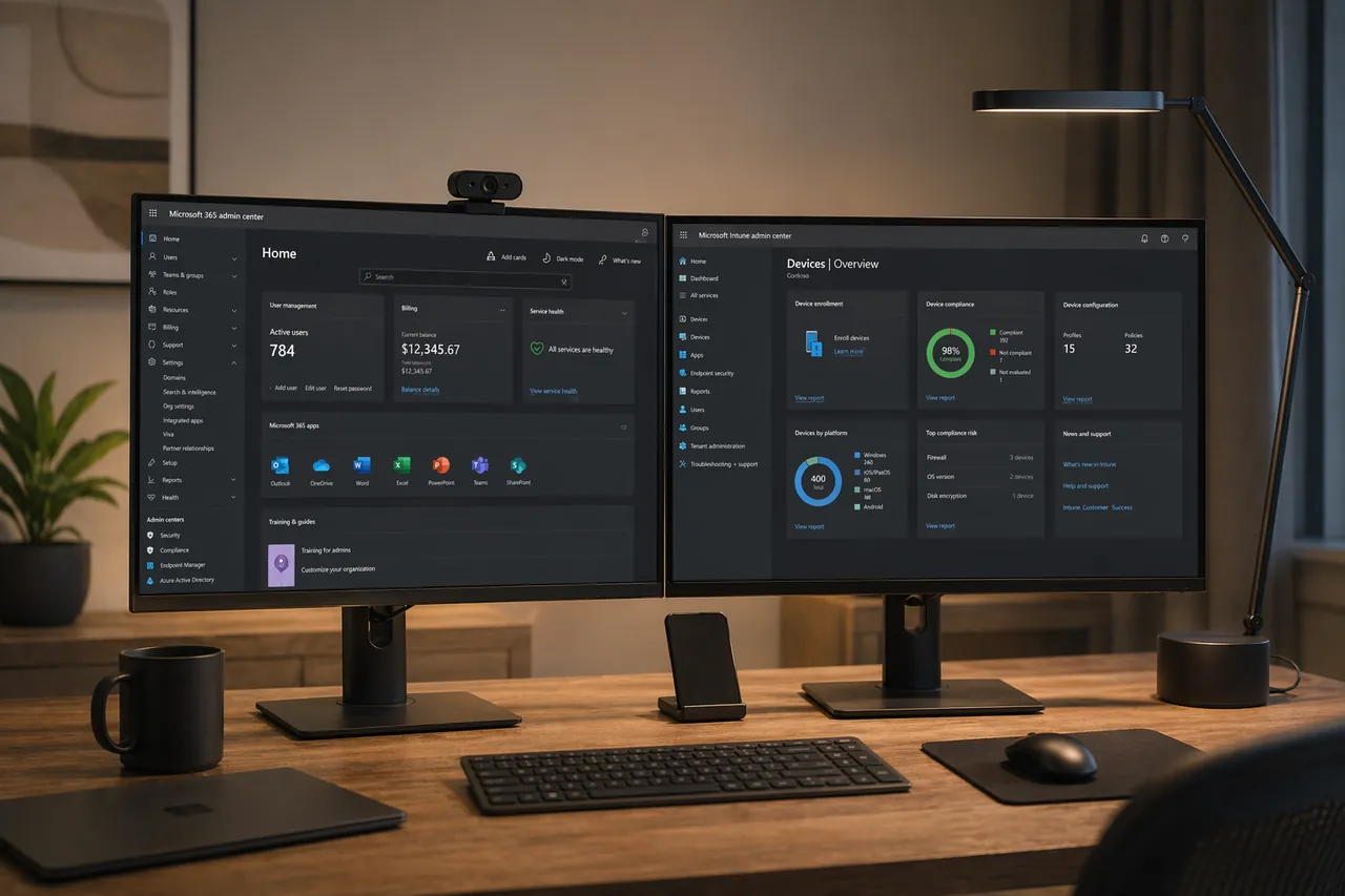 Microsoft 365 and Intune admin dashboards on a dual-monitor workstation