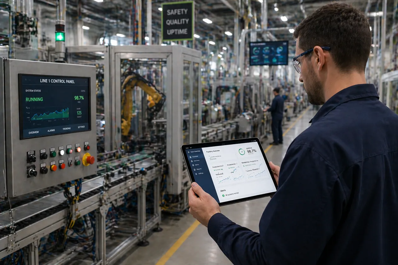 Manufacturing operations supervisor monitoring production status from the factory floor