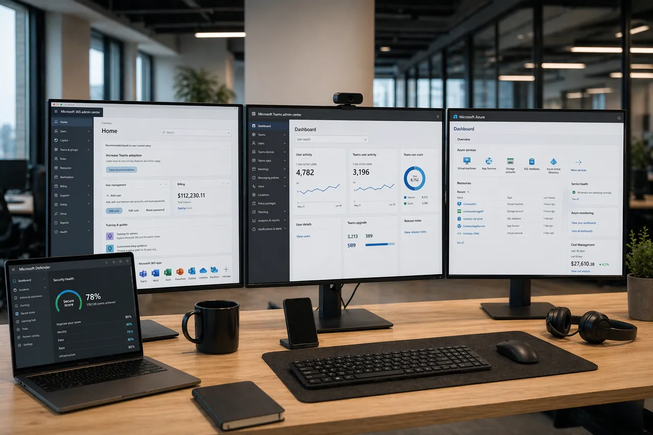 Microsoft administration workspace showing Microsoft 365, Teams, Azure, and Defender dashboards