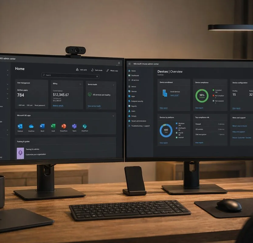 Microsoft 365 and Intune admin dashboards displayed on a dual-monitor workstation